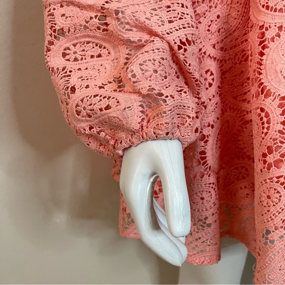 Blush pink V-neck floral crochet lace long sleeve mini dress - Picture 5 of 8